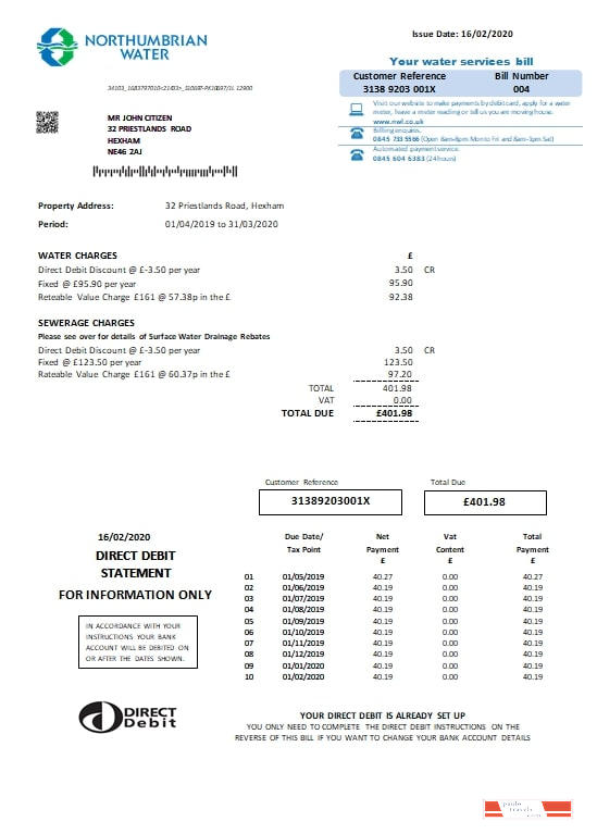 United Kingdom Northumbrian Water utility bill template in Word and PDF format, version 2